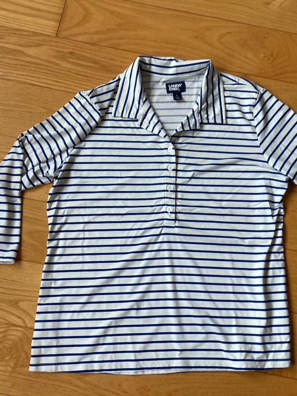 WOMENS LANDS' END TOP LARGE 14 - 16 NAVY WHITE STRIPE 3/4 SLEEVE JERSEY